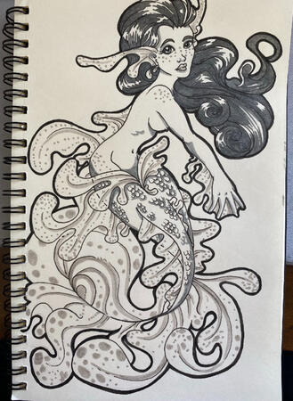 A sea-dragon type mermaid in classic inks.
